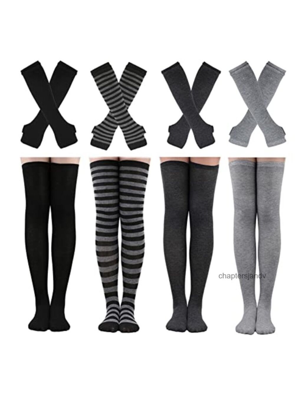 Striped Knee High Socks & Long Knit Arm Warmers Fingerless Gloves Set